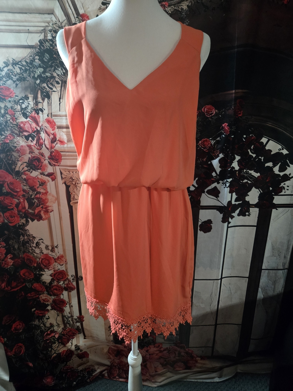 B Darlin Sleeveless V-Neck Mini Dress in Coral Orange with Lace Hem